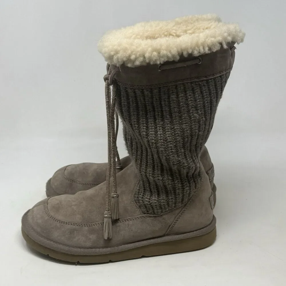 UGG Suburb Shearling Knitted Boots Womens 8 Sand Brown Suede Leather Mid Calf